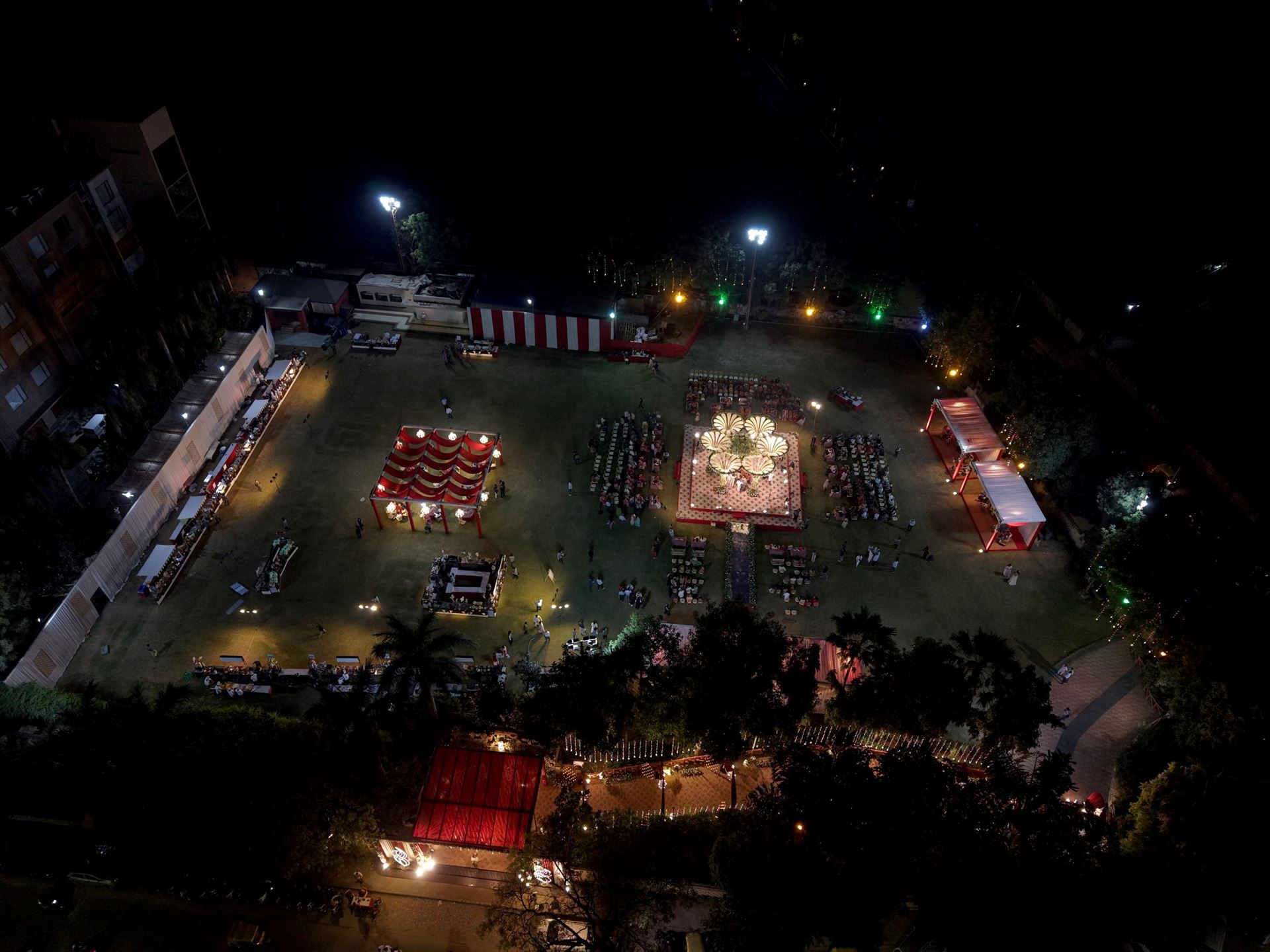 Aagman Farm garden wedding venue in Gota, Ahmedabad with evening lighting decor