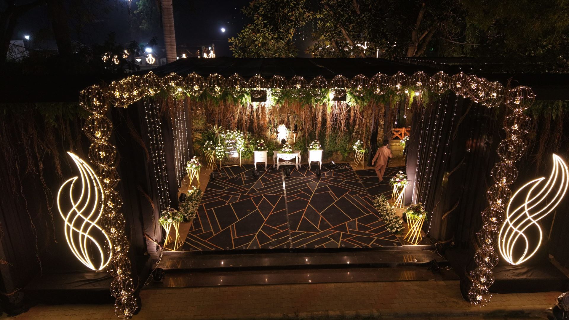 Aerial view of large-scale live concert stage design with LED lighting by Kalash Decor, Gujarat