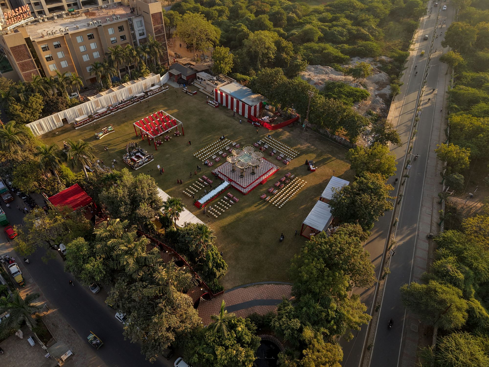 Aerial view of Prasang Party Plot dressed for a wedding ceremony, Ahmedabad
